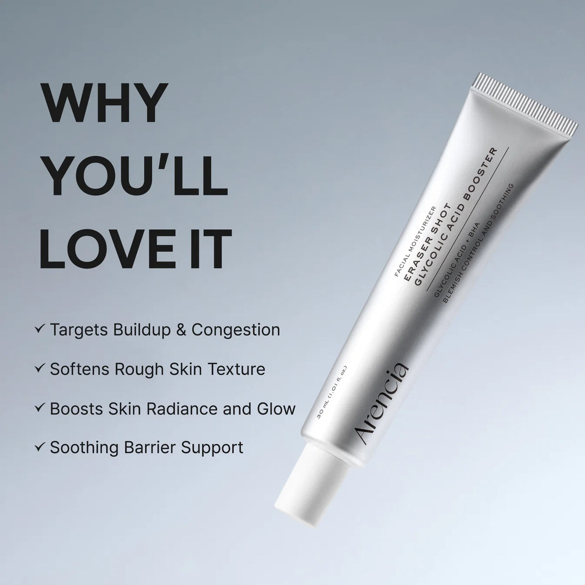 Arencia Eraser Shot Glycolic Acid Booster, Daily Clarifying Multi-Acid Formula for Smoother, Clear-Looking Skin, 1.01 fl. oz.
