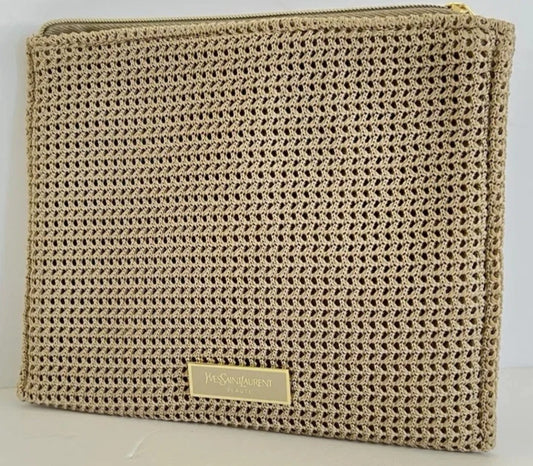 Ysl Beaute Flat Pouch Woven Beige Travel Case Toiletry Bag