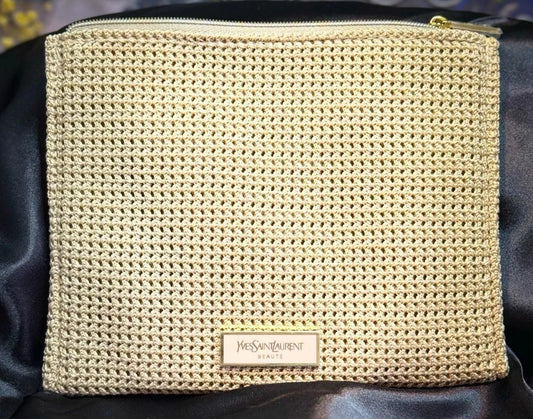 Ysl Beaute Flat Pouch Woven Beige Travel Case Toiletry Bag
